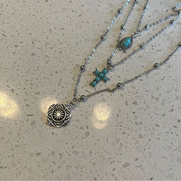 3pcs fake Turquoise cross Western Cowgirl Vintage style Chain Necklace Set - Picture 4 of 12